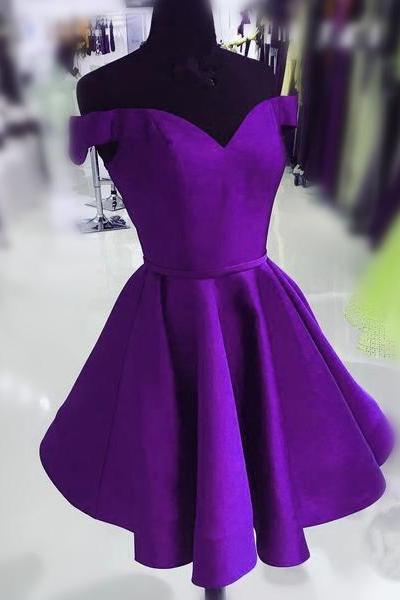 Purple Satin Off Shoulder Short Cute Homecoming Dress, Purple Prom Dress Party Dress
