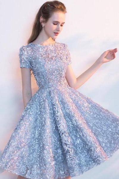 Sliver Grey Floral Lace Homecoming Dress, Scoop A-line Knee-length Lace Short Prom Dress