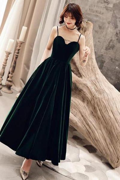 Dark Green V Back Long Velvet Elegant Party Dress, A-line Straps Dance Gala Dresses