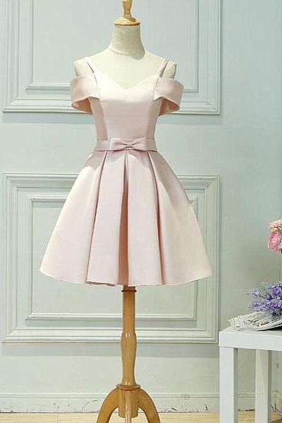 Light Pink Satin Knee Length Off Shoulder Party Dress, ?short Pink Homecoming Dress