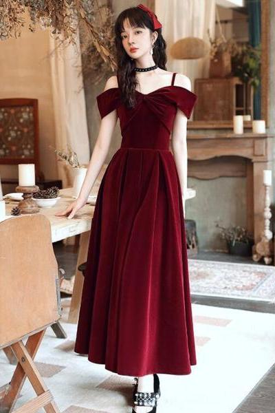 Wine Red Velvet Off Shoulder Long Evening Dress, Dark Red Party Dress Formal Dress