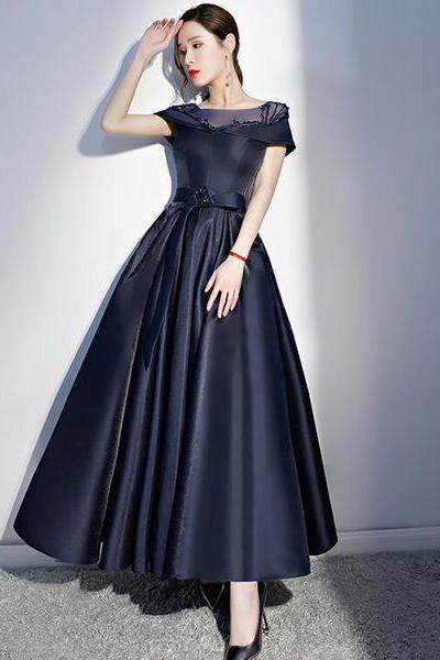 Navy Blue Satin Beaded New Style Long Party Dress, Blue Cap Sleeves Prom Dress