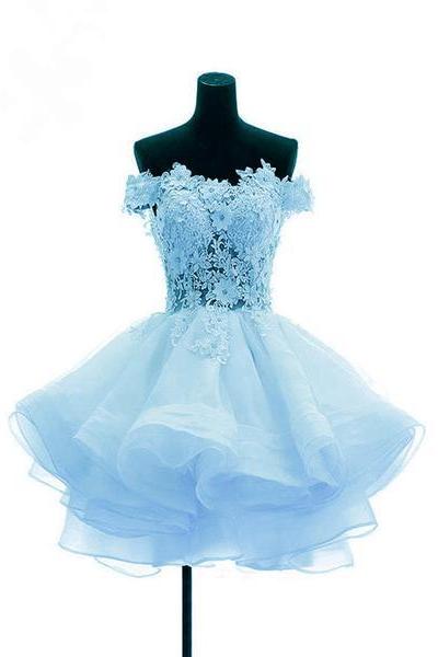 Light Blue Organza With Flower And Lace Short Party Dress, Blue Homecoming Dress