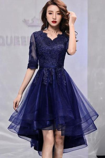 Navy Blue Short Sleeves High Low Homecoming Dress With Lace, Short Sleeves Prom Dress Party Dress