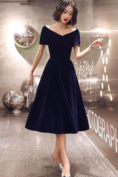 Navy Blue Velvet Tea Length V-neckline Party Dress, Navy Blue Bridesmaid Dress Party Dress