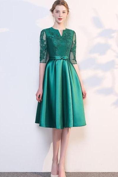 Green Satin Lace Knee Length Short Sleeves Bridesmaid Dress, Green Short Party Dress Homecoming Dress