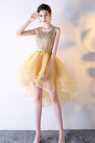 Light Yellow Organza And Lace High Low Party Dress, Short Cute Prom Dress Homecoming Dress