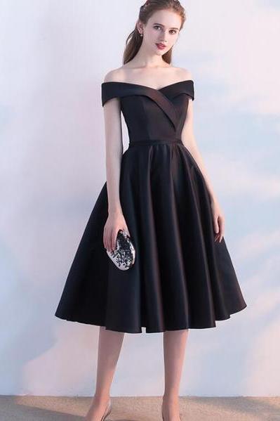 Simple Black Satin Short Sweetheart Party Dress, Black Homecoming Bridesmaid Dress
