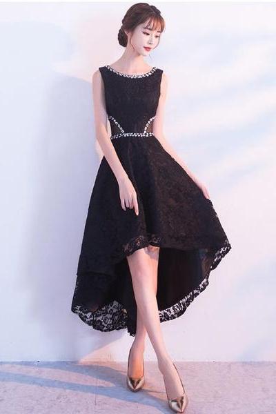 Black Lace High Low Beaded Short Party Dress, Black Homecoming Dress Prom Dress