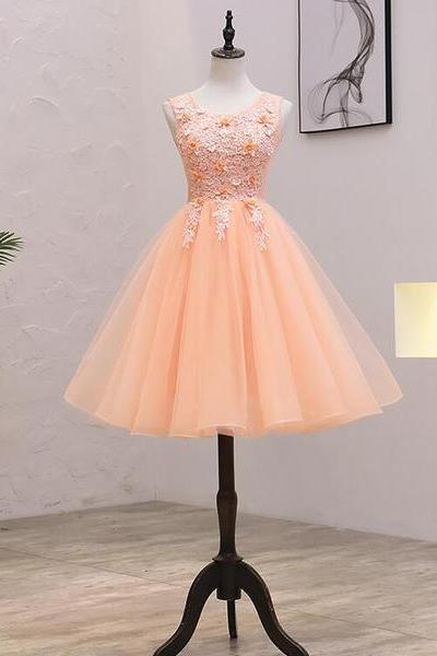 Cute Pink Flowers And Lace Applique Round Neckline Party Dress, Pink Homecoming Dress