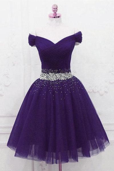 Purple Tulle Beaded Cute Off Shoulder Short Prom Dress, Purple Homecoming Dress Party Dress