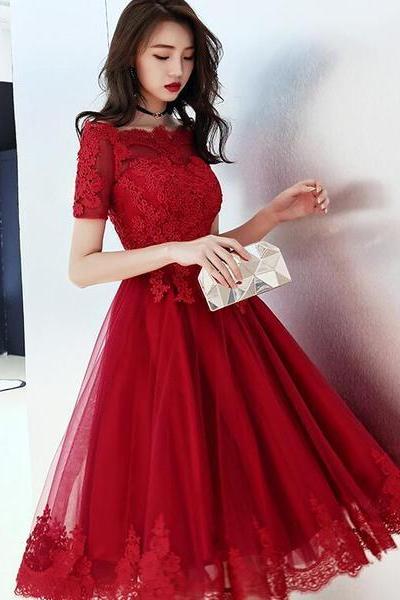 Wine Red Tulle Short Homecoming Dress With Lace Applique, Cute Prom Dress Party Dress