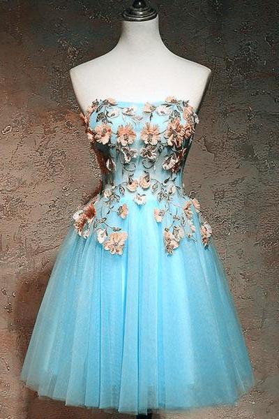 Light Blue Flowers Cute Tulle Knee Length Party Dress, Blue Floral Homecoming Dress Prom Dress