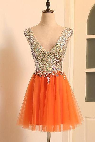 A-line V-neckline Short Tulle Beaded Homecoming Dress, Orange Tulle Short Party Dress