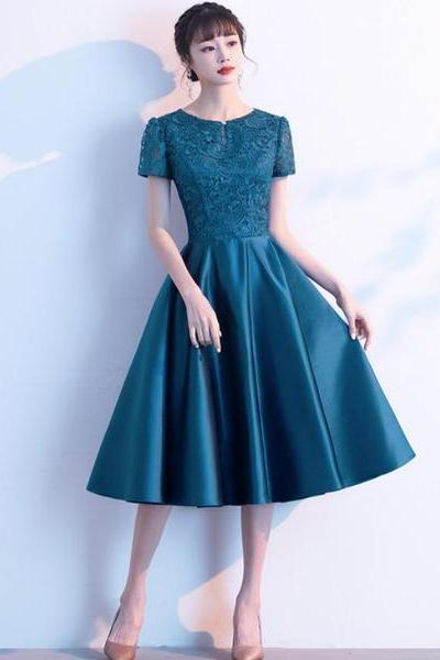 Teal Green Round Neckline Satin With Lace Wedding Party Dresses, Short Bridesmaid Dresses