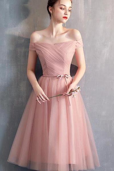 Simple Sweetheart Pink Tulle Off Shoulder Short Homecoming Dress, Pink Prom Dresses