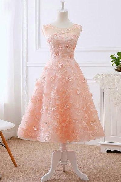 Pretty Pink Tea Length Flower Lace Wedding Party Drses, Pink Lace Formal Dress Prom Dress
