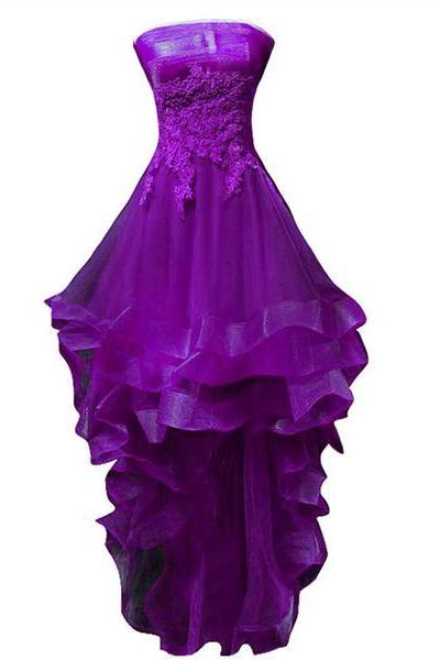 Purple Tulle With Lace High Low Party Dress Formal Dress, Purple Homecoming Dresses