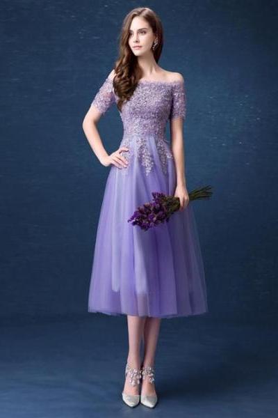 Lavender Tulle Short Lace Applique Beaded Off Shoulder Party Dress, Short Homecoming Dresses
