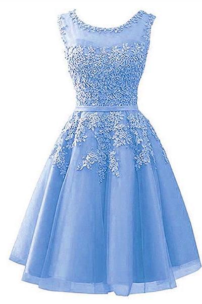 Blue Tulle Round Neckline Beaded Short Homecoming Dress, Lace Applique Cute Prom Dress