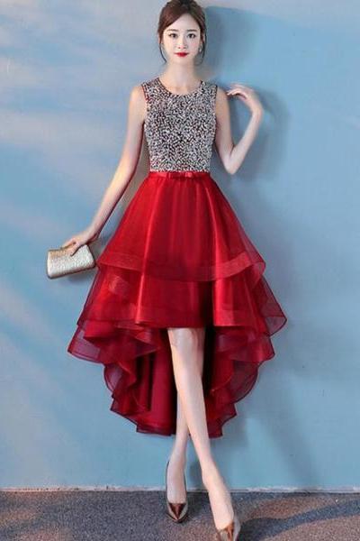 Wine Red Sequins Tulle High Low Round Neckline Party Dresses, Dark Red Homecoming Dresses