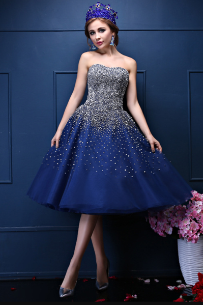 Navy Blue Sequins Sweetheart Tulle Knee Length Party Dresses, Blue Homecoming Dresses