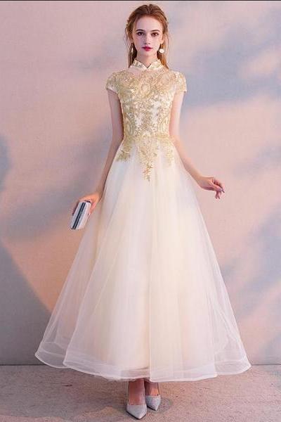 Light Champagne Cute Tulle High Neckline With Gold Lace, Lovely Long Party Dresses Formal Dresses