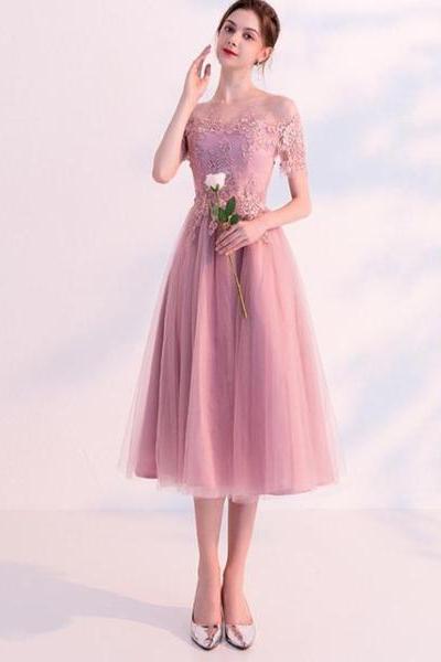 Pink Short Tulle With Lace Off Shoulder Wedding Party Dresses, Pink Short Formal Dress