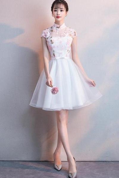 White Lace And Tulle High Neckline Short Graduation Dresses, Lovely White Short Party Dresses