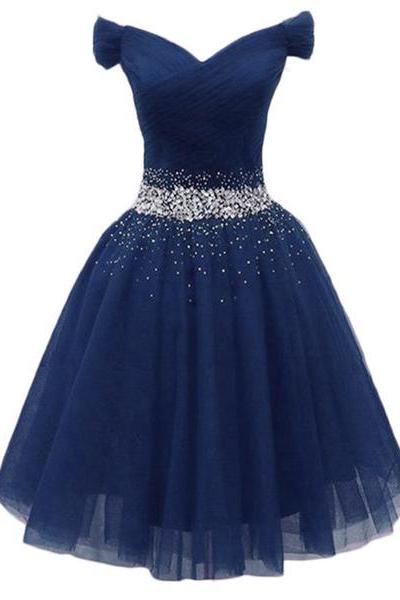 Navy Beaded Sweetheart Off Shoulder Tulle Homecoming Dress, Style Short Prom Dresses