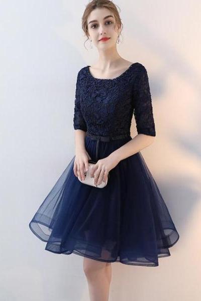 Navy Blue Lace And Tulle Short Sleeves Homecoming Dress Party Dress, Round Neckline Prom Dresses