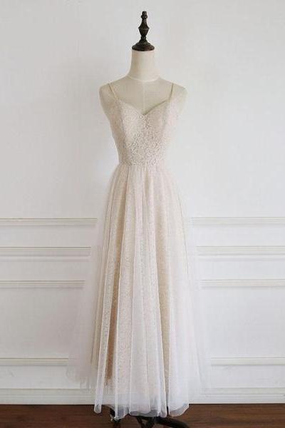 Light Champagne Lace Straps Sweetheart Party Dress Formal Dress, Tea Length Wedding Party Dress