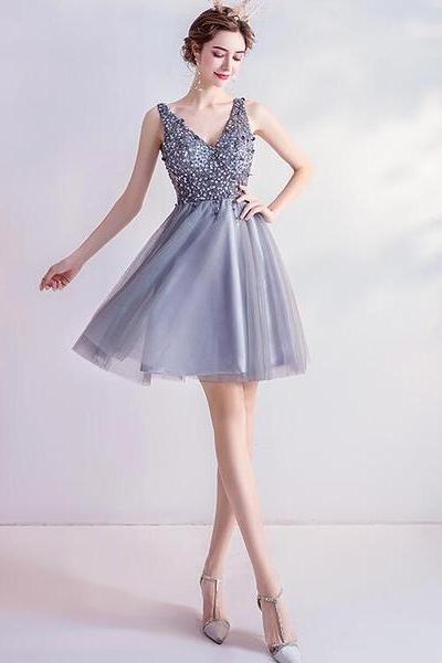 Sliver-grey Beaded Short Tulle Homecoming Dress Party Dress, Grey V-neckline Short Formal Dress