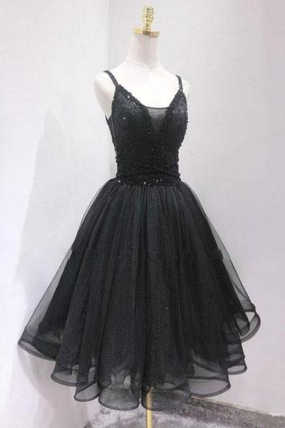 Black Tulle And Beaded Knee Length Straps Homecoming Dress, Black Short Prom Dresses