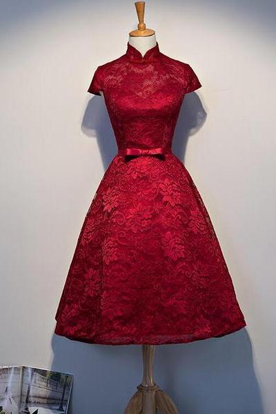 Wine Red Lace Tea Length Wedding Party Dresses, Beautiful Lace Formal Dresses