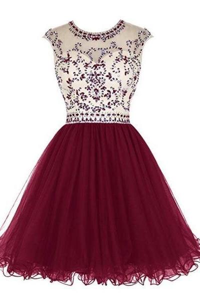 Cute Round Neckline Beaded Tulle Open Back Homecoming Dress, Short Prom Dresses Party Dresses
