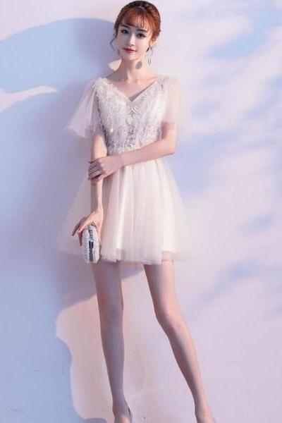 Lovely Ivory Tulle And Lace Mini Short Party Dress Graduation Dress, Cute Short Prom Dress