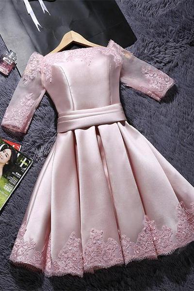 Pink Short Satin With Lace Round Neckline Wedding Party Dresses, Pink Cute Homecoming Dress