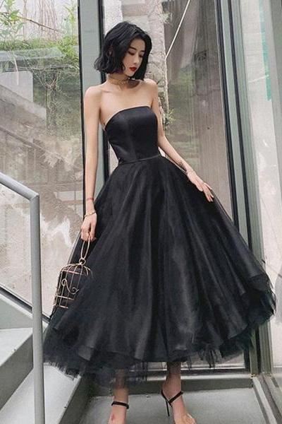 Black Tea Length Scoop Simple Tulle Homecoming Dress, Black Party Dresses Prom Dress