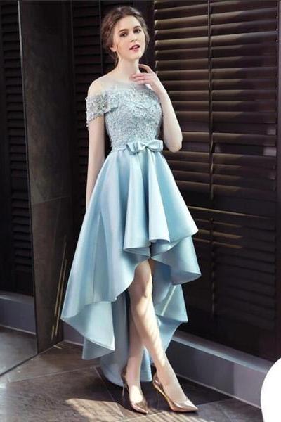Light Blue Satin Style Lace Off Shoulder High Low Formal Dress, Blue Homecoming Dress