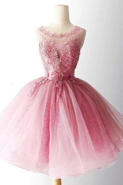 Pink Tulle With Lace Round Neckline Knee Length Party Dress, Pink Homecoming Dresses