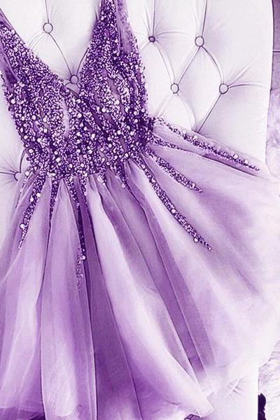 Light Purple Beaded V-neckline Tulle Short Homecoming Dress, Tulle Short Prom Dress