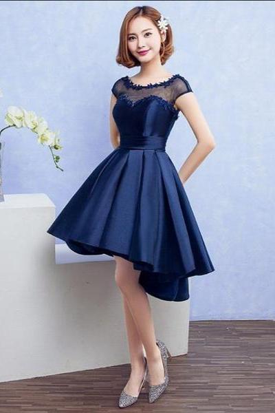 Navy Blue Satin Homecoming Dress With Lace Appliques, Blue Dark Navy Short Party Dress Prom Dress