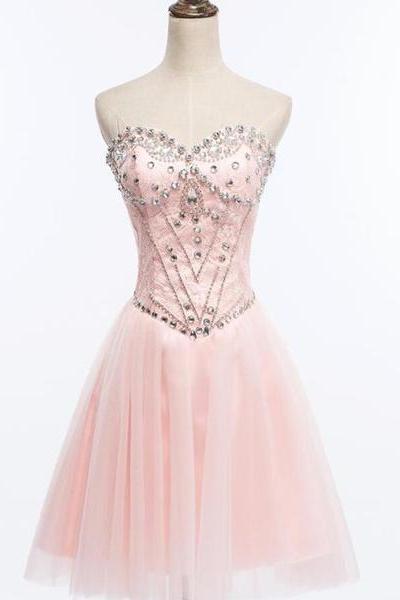 Light Pink Beaded Tulle And Lace Sweetheart Homecoming Dress, Pink Tulle Prom Dress