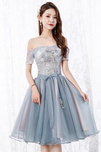 Lovely Organza Tulle Grey-blue Short Sweetheart Lace Homecoming Dress, Short Party Dress