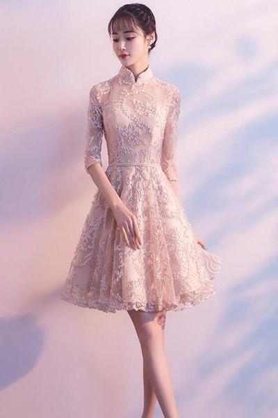 Adorable High Neckline Lace Short Party Dress Formal Dress, Lace Short Prom Dress