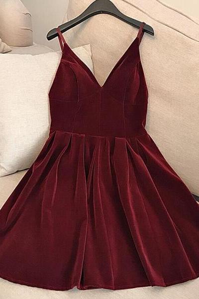 Wine Red Velvet Short V Back Homecoming Dress Party Dress, Dark Red Short Prom Dress