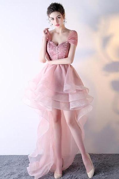 Pink Organza Off Shoulder Layers High Low Lace Party Dress, Pink Homecoming Dress