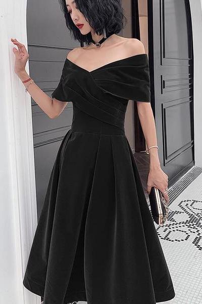 Beautiful Velvet Off Shoulder Black Tea Length Evening Dresses, New Chic Prom Dress