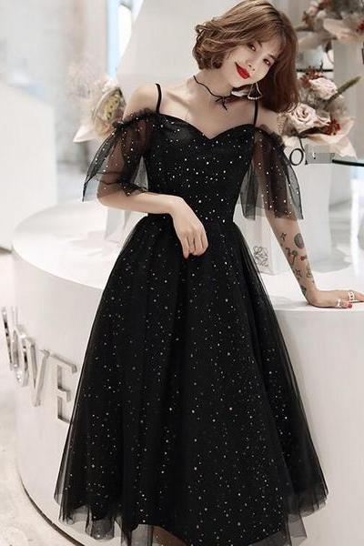 Shiny Black Off Shoulder Tea Length Party Dress Prom Dress, Black Homecoming Dresses